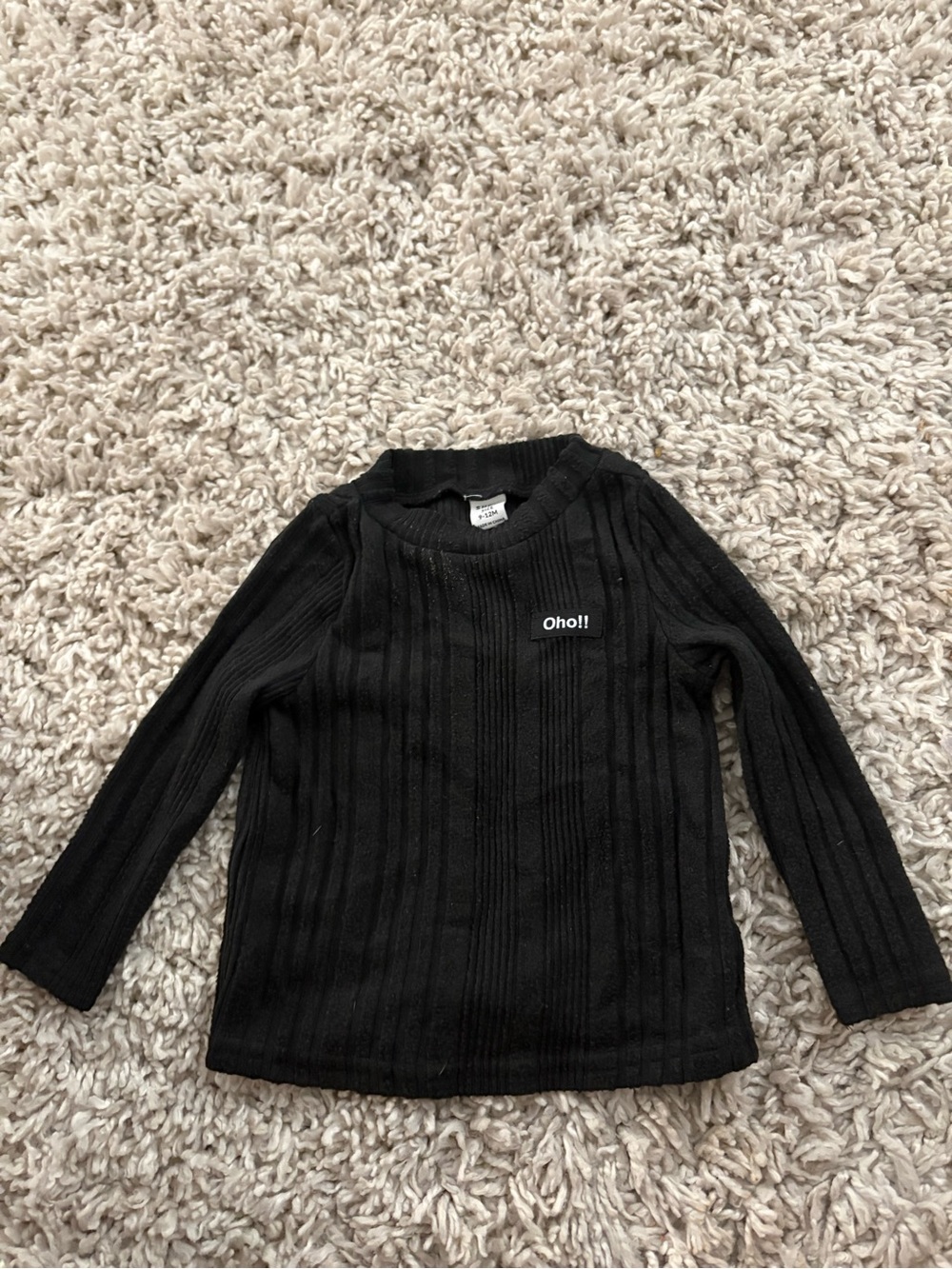 SHEIN Black Ribbed Long-Sleeve Top with "Oho!!" Chest Graphic